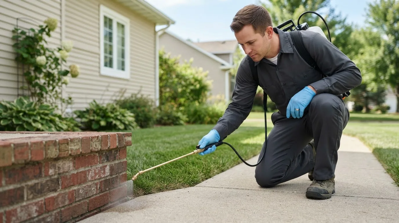 Pest control technician treating a home near Art, TX